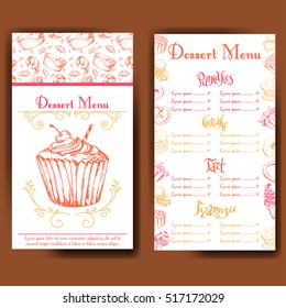 Design for sweets shop. Template with different hand drawn desserts. Menu design for bakery or baking shop.
