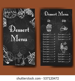 Design for sweets shop. Template with different hand drawn desserts. Menu design for bakery or baking shop.