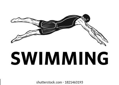 Design Of The Swimming Club Logo. Design of the swimmer s badge.vector illustration in a minimalistic style with the inscription swimming. Suitable for banners and posters of sporting events.