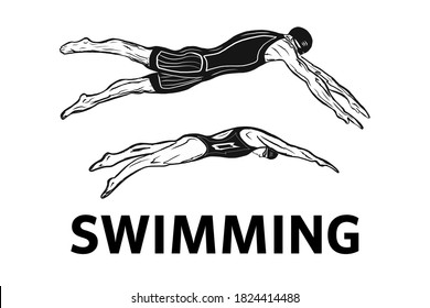 Design Of The Swimming Club Logo. Design of the swimmer s badge.vector illustration in a minimalistic style with the inscription swimming. Suitable for banners and posters of sporting events.