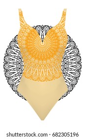 design swimsuit with mandala ornament. fashion vector illustration. orange color