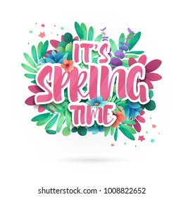 Design symbol it's spring time. Banner with flower and leaf for spring promotion and sale.  Nature floral decoration layout template. Vector