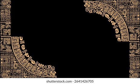 Design from symbols, letters, masks and pictures of the ancient Maya and Toltec civilization. 
The Mayan alphabet. Ancient signs of America on a black background.
