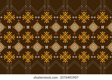 The design is symmetrical and features a central band of interconnected diamond shapes in warm tones of beige and orange, flanked by intricate borders.