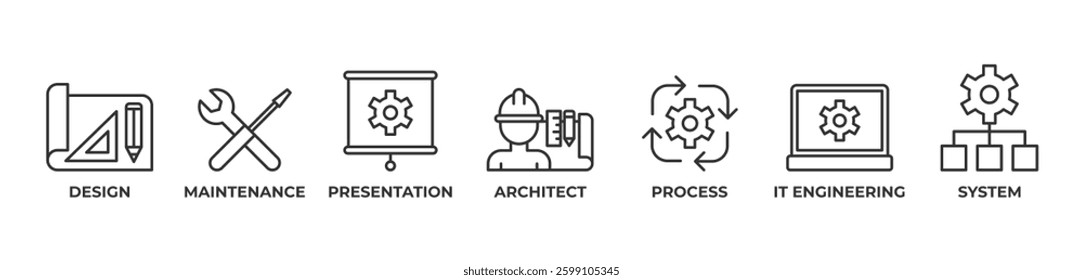 From Design to System Icons set vector illustration with   Design , Maintenance, Presentation, Architect, Process, It Engineering, System