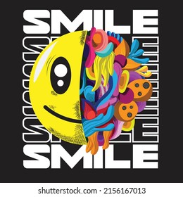 Design For T shirt icon Smile With Doodle Flower colorful