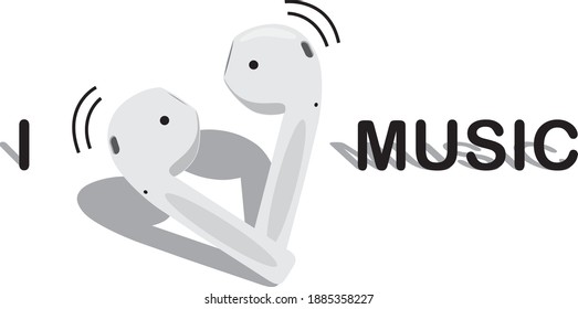 Design for t- shirt, lettering i love music. White headphones in the shape of a heart.