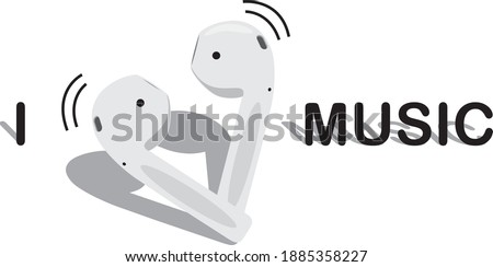 Design for t- shirt, lettering i love music. White headphones in the shape of a heart.