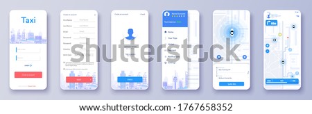 Design a taxi UI / UX app with a screen for logging in, registering and searching, cab booking, map navigation for cars. Trendy Infographic of city Map Navigation.Laying of the route on the map.Vector
