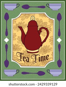 A design for a tea pot surrounded by cups.