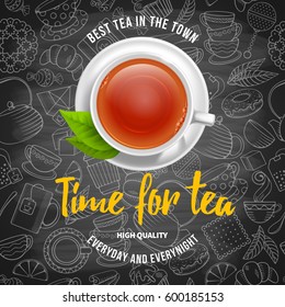 Design for Tea shop in vintage, outline, hand drawn doodle style with different objects on chalkboard. Tea cup in center, top view. Vector illustration. 