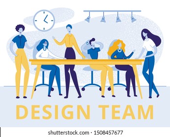 Design Team Banner, Group of Creative Men and Women Sitting at Office Desk, Characters Working in Studio, Office Employees, Business People Work in Company, Teamwork. Cartoon Flat Vector Illustration