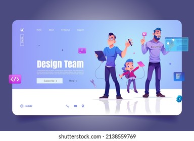 Design team cartoon landing page, designers adults and little schoolboy create projects on augmented reality interface screen and digital tablets. Creative courses, school, education Vector web banner