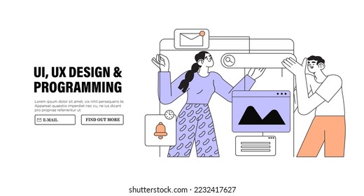 Design team concept banner, web landing page, advertisement. Designers working on ui ux design or mobile application. Studio or agency prototyping or coding web page or mobile app. Cms development.