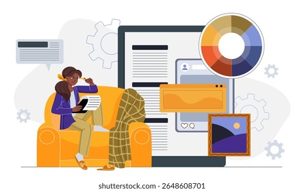Concepção da equipe de projeto. Mulher perto da página Web e paleta com cores. Freelancer desenvolve interface. Designer gráfico desenvolve elementos para site. Ilustração de vetor plano