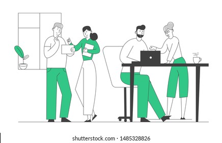 Design Team Group of Creative Men and Women Sitting at Office Desk. Characters Working in Studio Office. Employees Business People Work in Company, Teamwork. Cartoon Flat Vector Illustration, Line Art