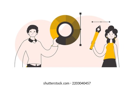 Equipo de diseño. Estilo lineal de moda. Vector.