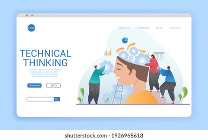 Design for a Technical Thinking landing page for website with a team of workers placing cogs and wheels into the head of a man, colored vector illustration with copyspace. Website, web page template