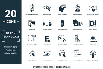 Design Technology icon set. Collection of simple elements such as the collaborative design, visual design, visual thinking, brainstorming. Design Technology theme signs.