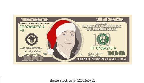 Design template 100 Dollars Banknote with Santa red hat. One hundred dollar bill for Christmas sales. American president Benjamin Franklin. Suitable for discount cards, coupon, flyer, vouchers.