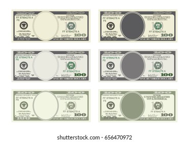 Design template 100 Dollars Banknote. Bill one hundred dollars in six options. Suitable for discount cards, leaflet, coupon, flyer, vouchers. Vector in  flat style. USD isolated on white background.