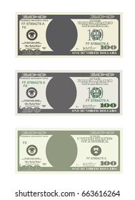 Design template 100 Dollars Banknote. Bill one hundred dollars in three options. Suitable for discount cards, leaflet, coupon, flyer, vouchers. Vector in  flat style. USD isolated on white background.