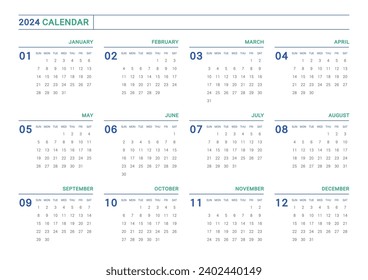 Plantilla de diseño con calendario 2024 de 12 meses. Nota, planificador, diario, calendario, ilustración de plantilla de diseño del planificador.