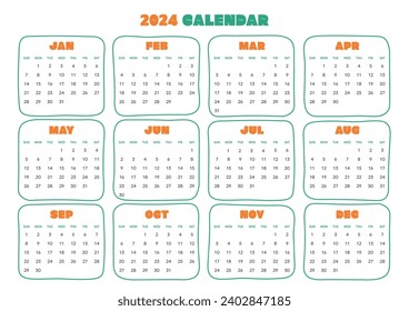 Plantilla de diseño con calendario 2024 de 12 meses. Nota, planificador, diario, calendario, ilustración de plantilla de diseño del planificador.