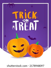 Design template with 3D paper pumpkins with Halloween faces. Black background. Banner, brochure
