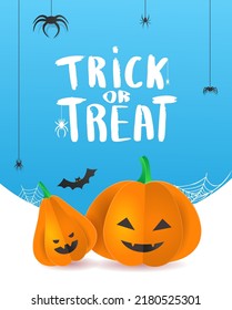 Design template with 3D paper pumpkins with Halloween faces. Banner, brochure