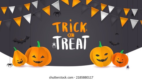 Design template with 3D paper pumpkins with Halloween faces. Banner, brochure