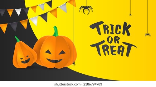 Design template with 3D paper pumpkins with Halloween faces. Banner, brochure