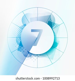Design template with abstract background and geometrical shapes. Central circle with shadow to indicate number 7. Concept for infographics, statistics, clock, chapters, steps. Layered design