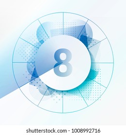 Design template with abstract background and geometrical shapes. Central circle with shadow to indicate number 8. Concept for infographics, statistics, clock, chapters, steps. Layered design