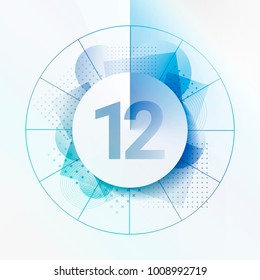 Design template with abstract background and geometrical shapes. Central circle with shadow to indicate number 12. Concept for infographics, statistics, clock, chapters, steps. Layered design