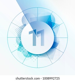 Design template with abstract background and geometrical shapes. Central circle with shadow to indicate number 11. Concept for infographics, statistics, clock, chapters, steps. Layered design