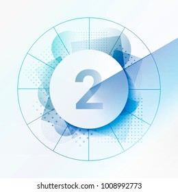 Design template with abstract background and geometrical shapes. Central circle with shadow to indicate number 2. Concept for infographics, statistics, clock, chapters, steps. Layered design