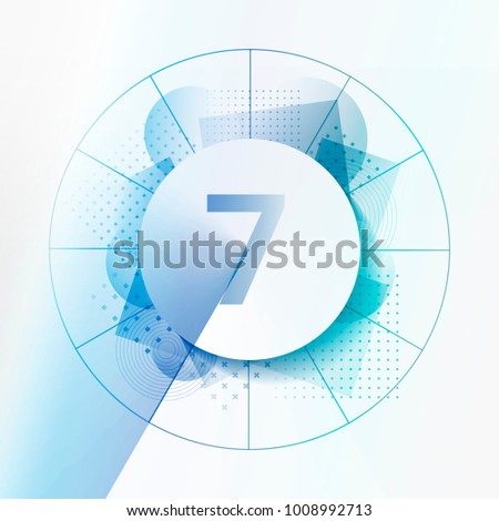 Design template with abstract background and geometrical shapes. Central circle with shadow to indicate number 7. Concept for infographics, statistics, clock, chapters, steps. Layered design