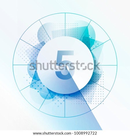 Design template with abstract background and geometrical shapes. Central circle with shadow to indicate number 5. Concept for infographics, statistics, clock, chapters, steps. Layered design