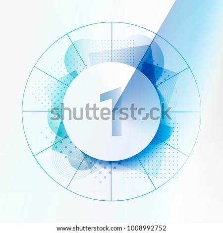 Design template with abstract background and geometrical shapes. Central circle with shadow to indicate number 1. Concept for infographics, statistics, clock, chapters, steps. Layered design