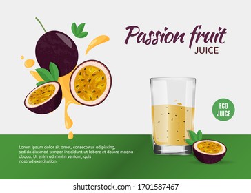 Design template for ads of passion fruit juice on grey background. Vector illustration of passion fruit with juicy splashes and glass.