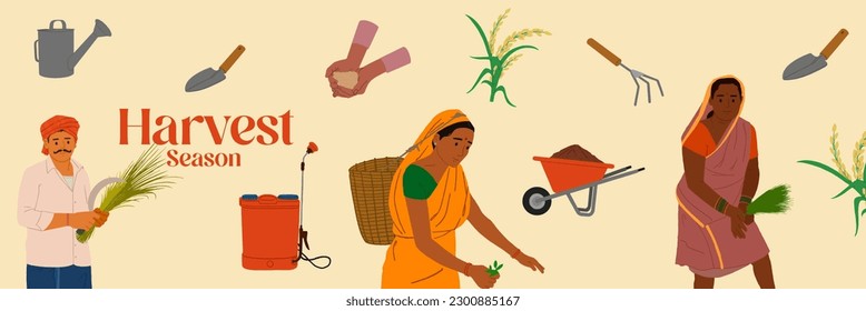 Design template for agriculture or farming. Layout or banner with farmer hands holding ripe grains of wheat. Agricultural equipment. Harvest season in farm land.