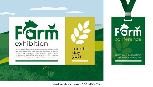 Design template for agriculture, livestock, farming business. Identity for agro conference, forum, event, exhibition. Symbol with farm animals. Mockup ID card with strap. Vector illustration for flyer