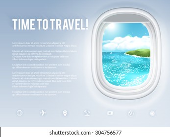 Design template with aircraft porthole and tropical landscape in it. Vector illustration, eps10.