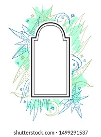Design template with arch frame and aloe vera leaves. Vector hand drawn illustration for cosmetic and medicine packaging. Green colors on white background