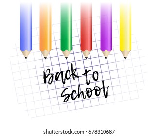 Design template Back to School. Colored pencils and exercise book with space for your text. Vector Illustration.