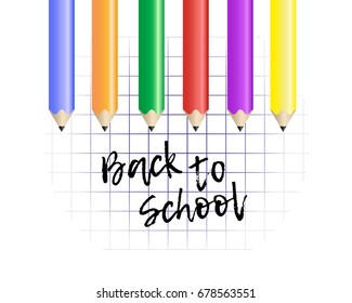 Design template Back to School. Colored pencils and exercise book with space for your text. Vector Illustration.