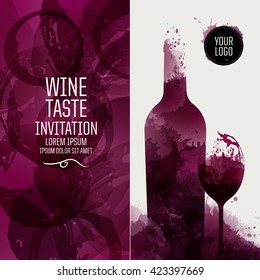 Design template background wine stains. Illustration glass and bottle of wine with stains. Suitable for tasting events, wine presentation or wine list. Vector