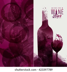 Design template background wine stains. Illustration glass and bottle of wine with stains. Suitable for tasting events, wine presentation or wine list. Vector