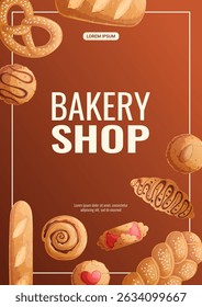 A design template for a bakery flyer. Various types of delicate pastries. The concept of confectionery, cooking, baking. A4 vector illustration for posters, banners
